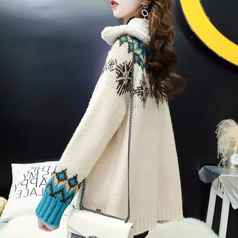 

Christmas Lamb Fur Stitching Knitted Sweater Women Retro Geometric Jacquard Cardigan Sweater Coat Female Pockets Button 2021