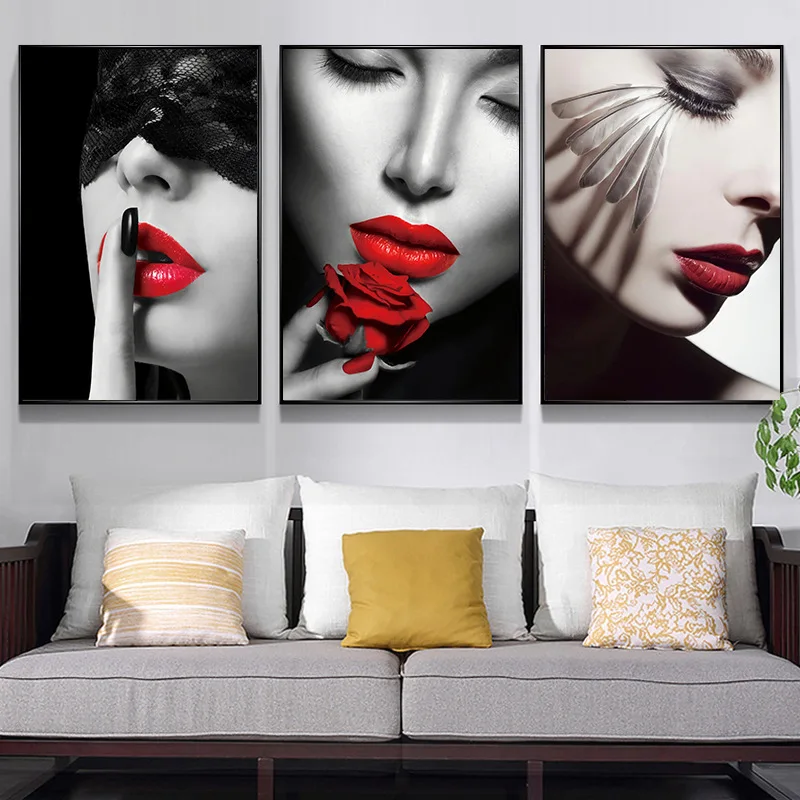 

Fashion Red Lipped Woman Wall Art Picture Canvas Paintings Sofa Background Bedroom Living Room Poster Print Home Wall Decor