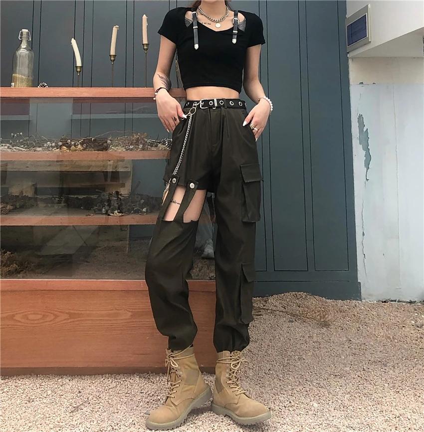 

Women's Ripped Black Cargo Pants Summer Streetwear Vintage High Waist Wide Leg Pants Harajuku Girl Trend Straight Baggy Trouser