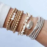 zwpon 5 pcsset gold filled beads pearl charm elastic bangles sets for women silver color mini cube beaded bracelets jewelry