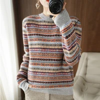ladies sweater thick wool bottoming shirt round neck striped pullover short ioose 2021 autumn and winter new knitting iazy style