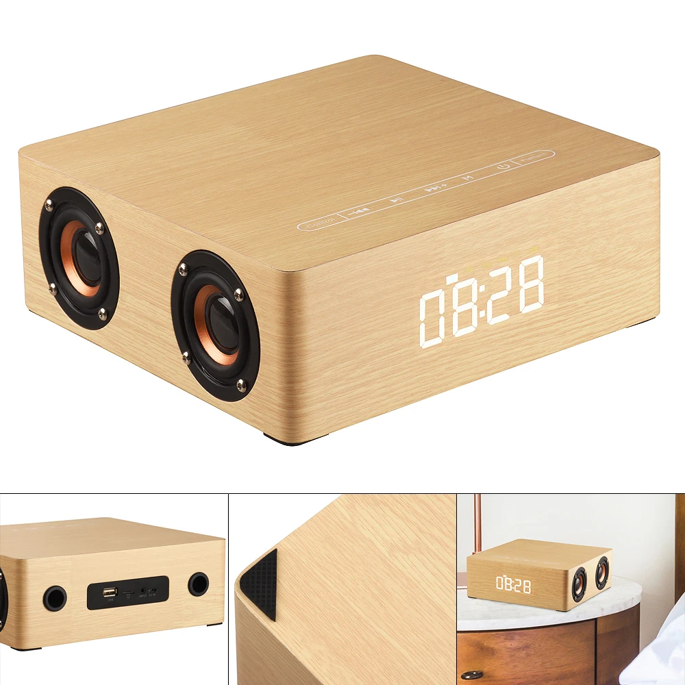 Q5C Clock Edition Wooden Speaker Home Four Speakers Time Display and 12W Full Frequency Horn for Smartphone PC MP3