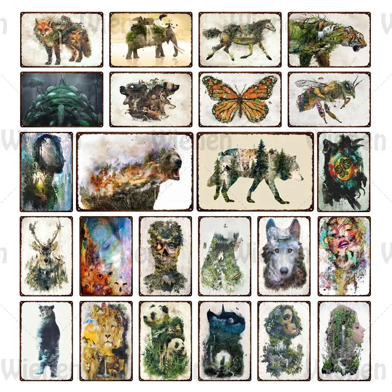 

Animal Metal Plaque Iron Plate Painting Metal Tin Sign Animal Portrait Forest Scenery Retro Wall Art Living Room Home Decoration