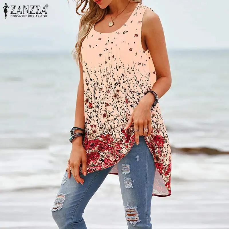 

Летняя женская блузка с цветочным принтом ZANZEA 2022, Повседневная рубашка без рукавов с круглым вырезом, Пляжная туника большого размера