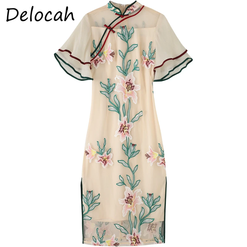 

Delocah Summer Women Fashion RunwayOffice Pencil Dress Butterfly Sleeve Embroidery Elegant Bodycon Fit Ladies Midi Dresses 2021