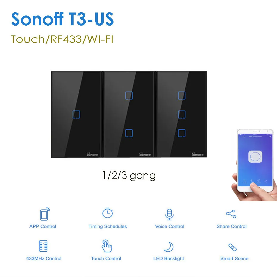 Умный настенный светильник Itead Sonoff T3 US 1/2/3 gang выключатель с гранью сенсорный/RF433/Wi