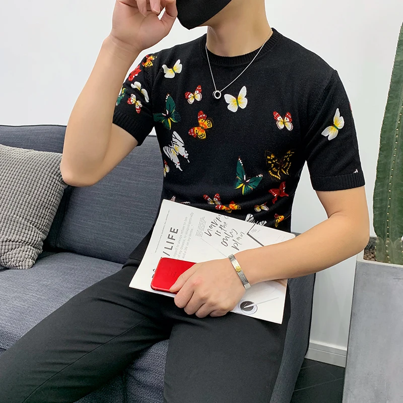 

High Quality Men's Knitted T-shirt 2021 New Slim Fit O-neck Retro Short-sleeved Sweater Butterfly Print Pullover Men's Sweater