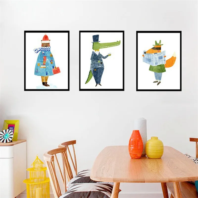 Мультяшное животное крокодил лиса волк детская настенная живопись на холсте