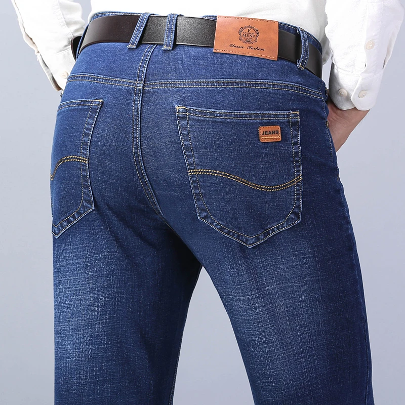 

Мужские джинсы классического стиля, черные или синие джинсы стрейч стандартного кроя в деловом и повседневном стиле, новинка 2021