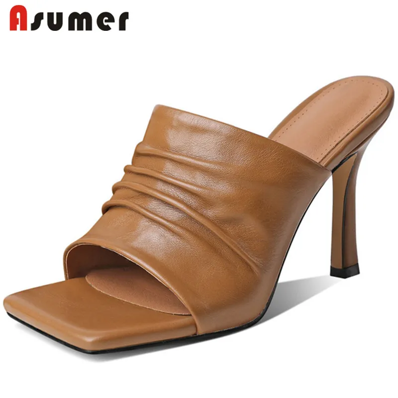 

Женские босоножки без задника Asumer, на тонком высоком каблуке, со складками, повседневные, большие размеры 43, 2021