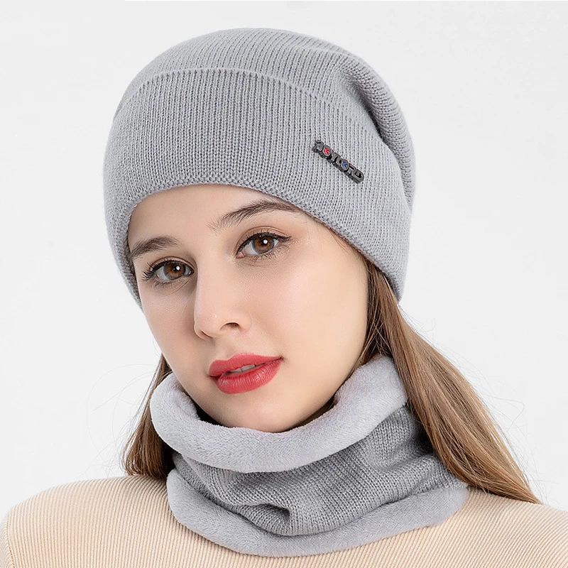 

Women Men Winter Caps Solid Color Knitted Beanie Thicken Velvet Warm Hats Scarf Set Outdoor Unisex Bonnet
