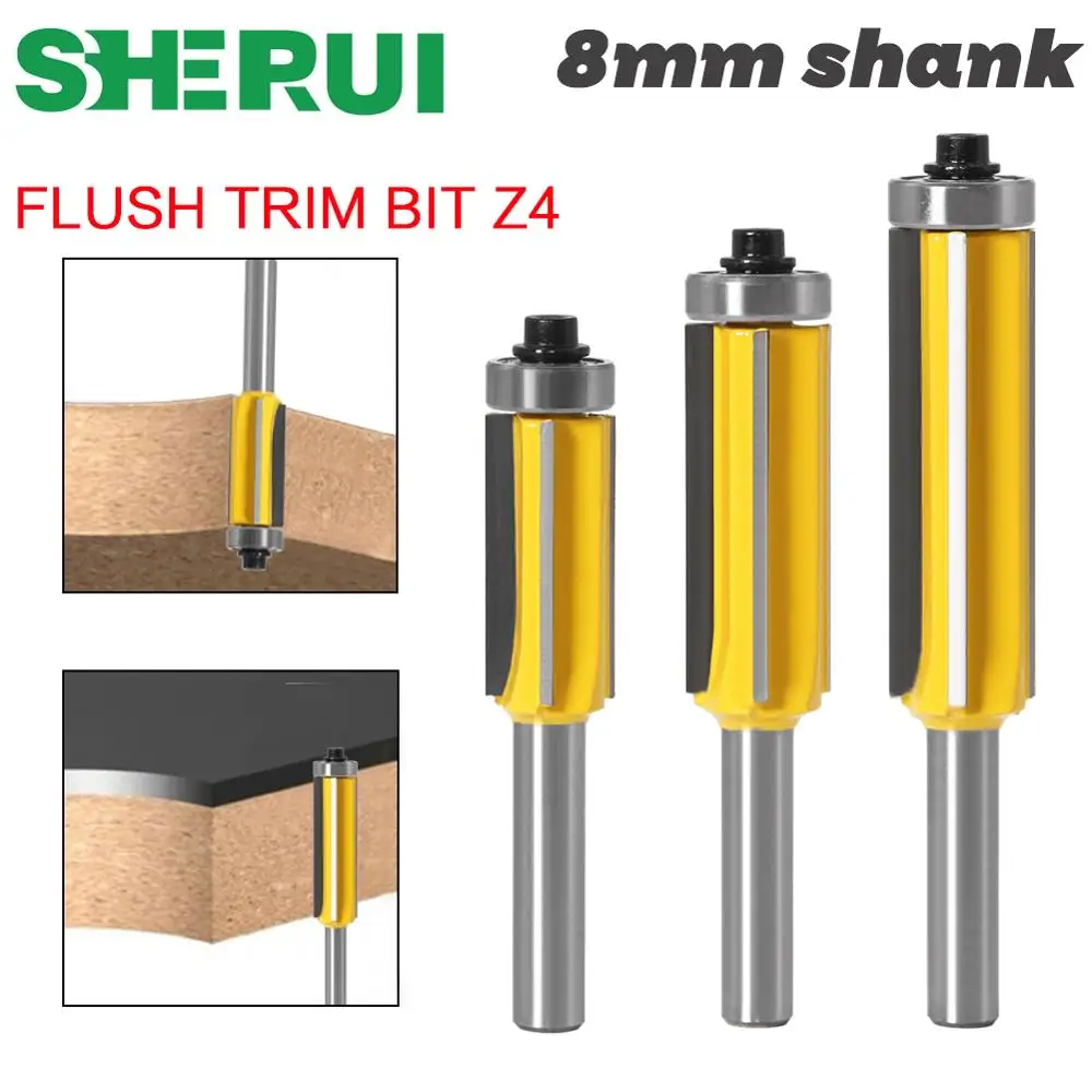 

3pc 8mm Flush Trim bit Z4 Pattern Router Bit Top & Bottom Bearing Bits Milling Cutter For Wood Woodworking Cutters