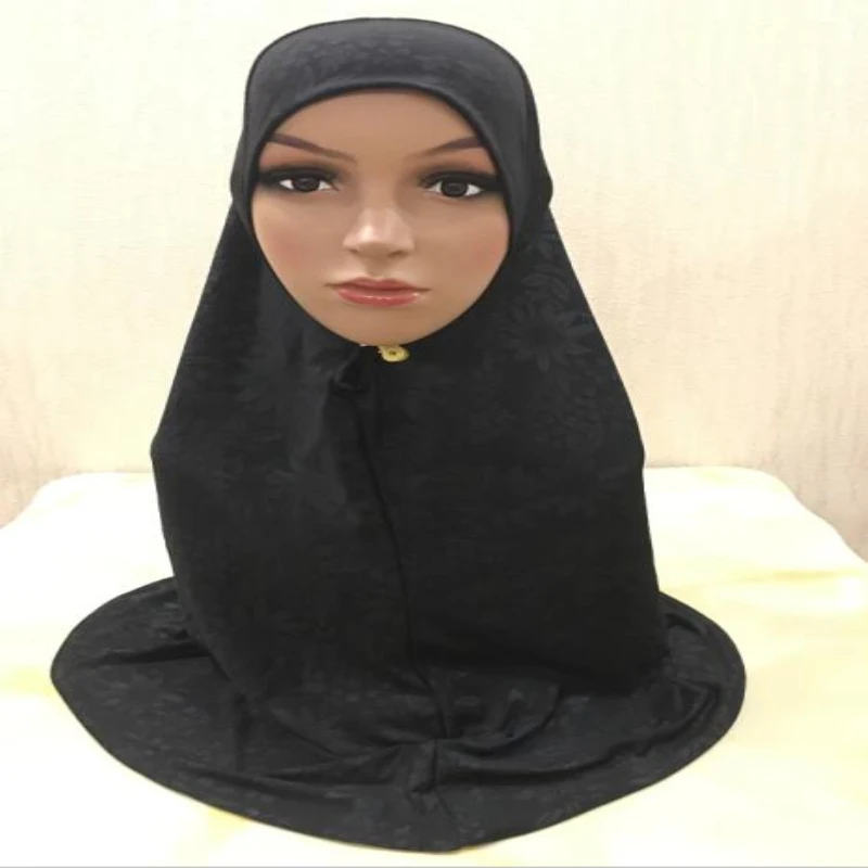 H346 Black pray hijab 70*70cm muslim amira with flower prints pull on islamic scarf head wrap headband | Тематическая одежда и