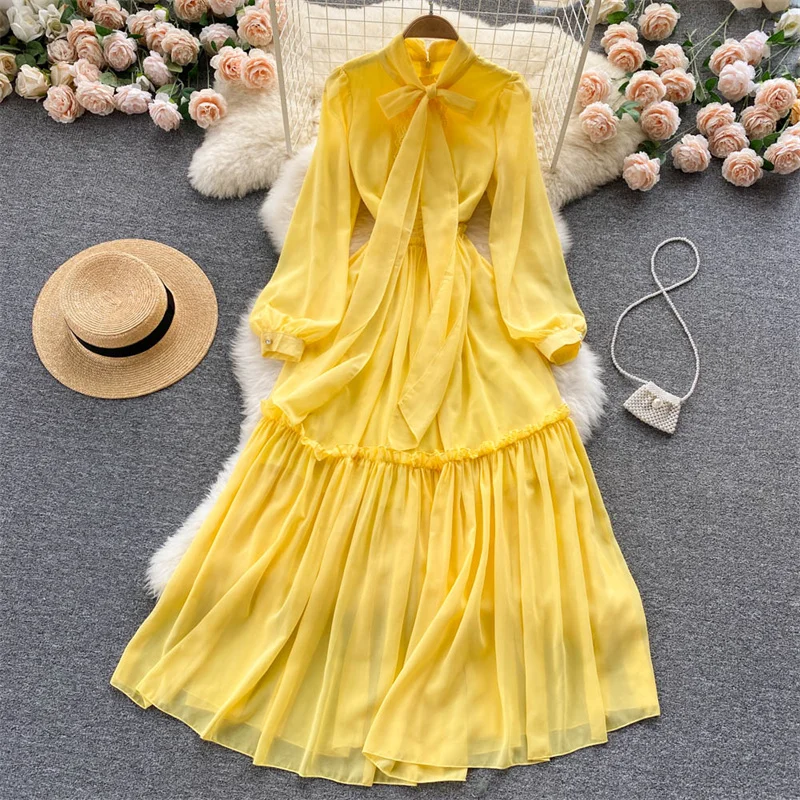 

Yellow Dress For Women Female Autumn Long Sleeve Vintage Chiffon Bow Tie Neck Office Lady Shirt Dress Summer Long Vestidos