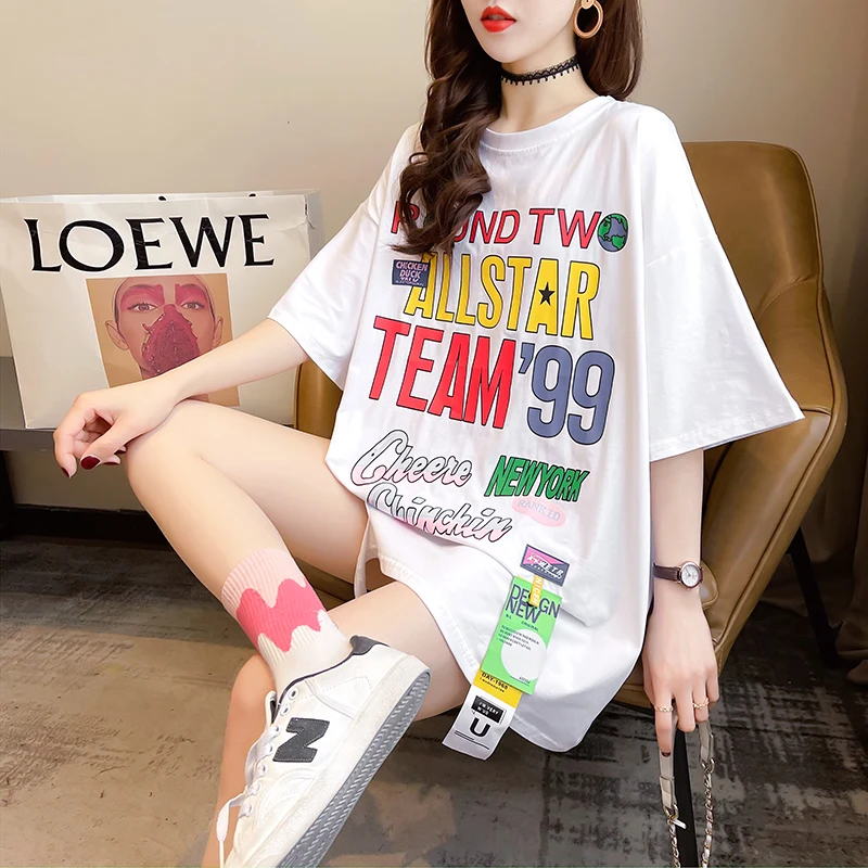 

2021 summer Korean version loose round neck printed ripped top mid-length plus size women's short-sleeved T-shirt women