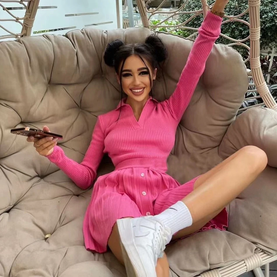 

2021 Women Fashion Chic Pink Women Sweater Dress Autumn Winter Elegant Single-breasted Knitted Pleated Female A-line Mini dress