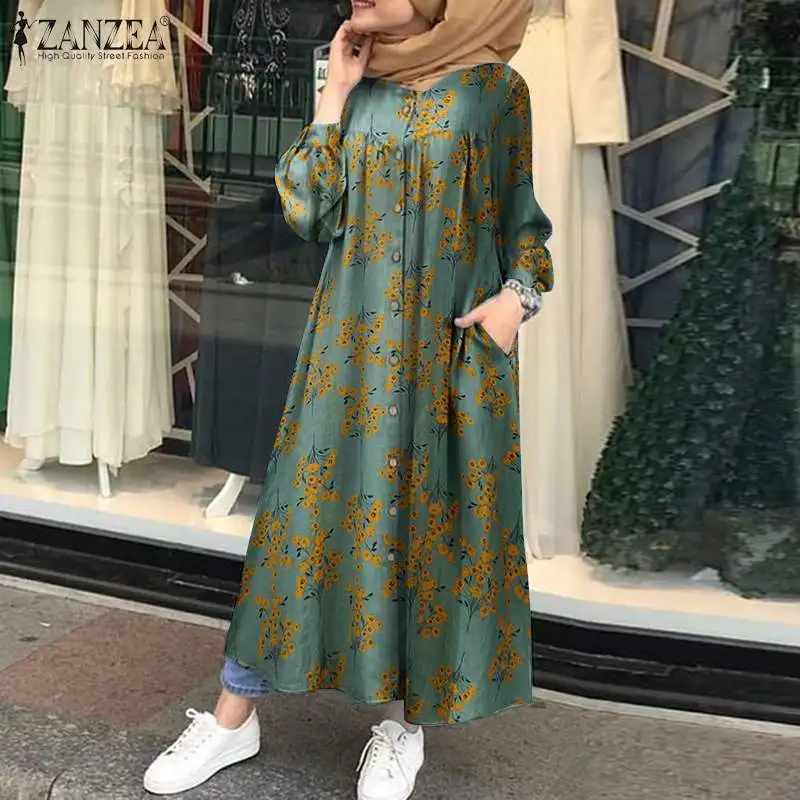 

Casual Button Muslim Robe Women's Sundress 2022 ZANZEA Islam Clothing Retro Printed Shirt Dress Female Floral Maxi Vestidos