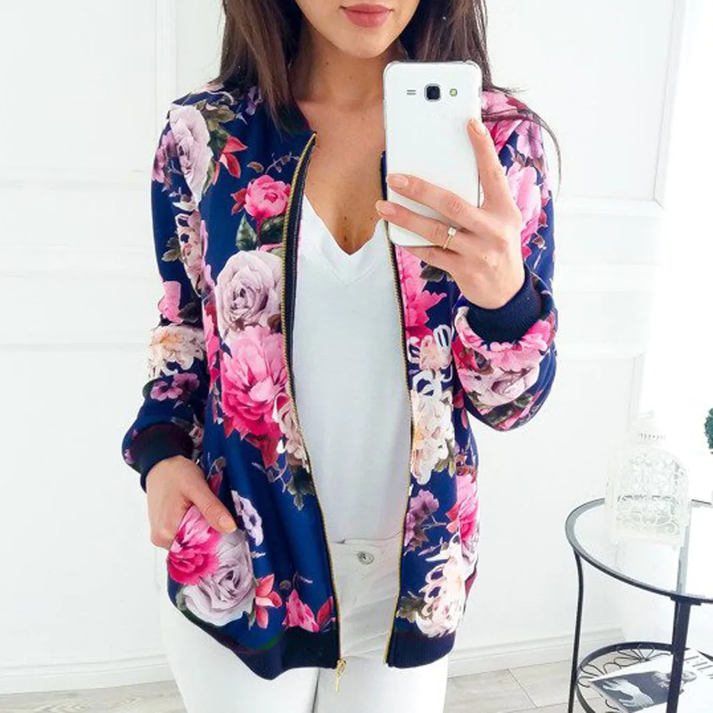 Женская верхняя одежда пальто куртки Ретро куртка на молнии с цветочным принтом