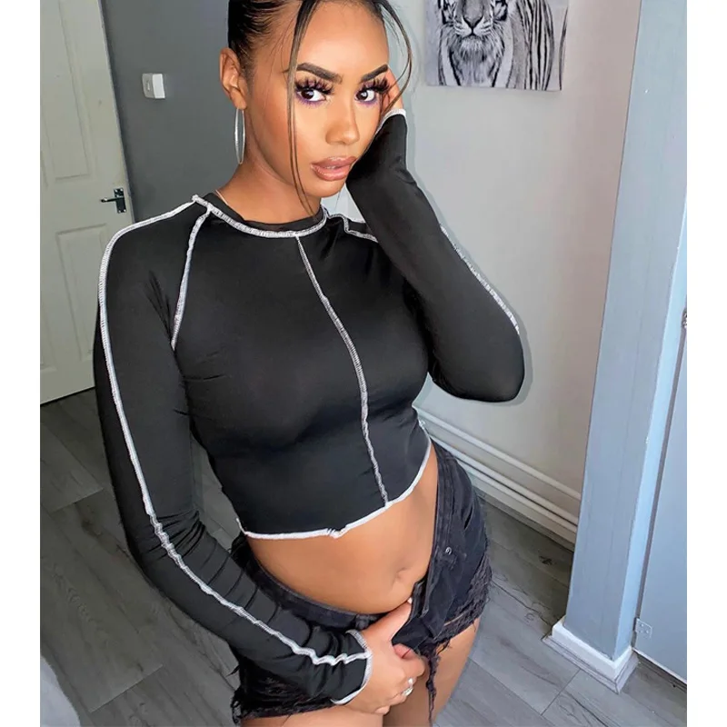 

Fashionable Women's Tight T-shirt, Round Neck Long Sleeve Crop Top for Office Wearing in Spring and Autumn