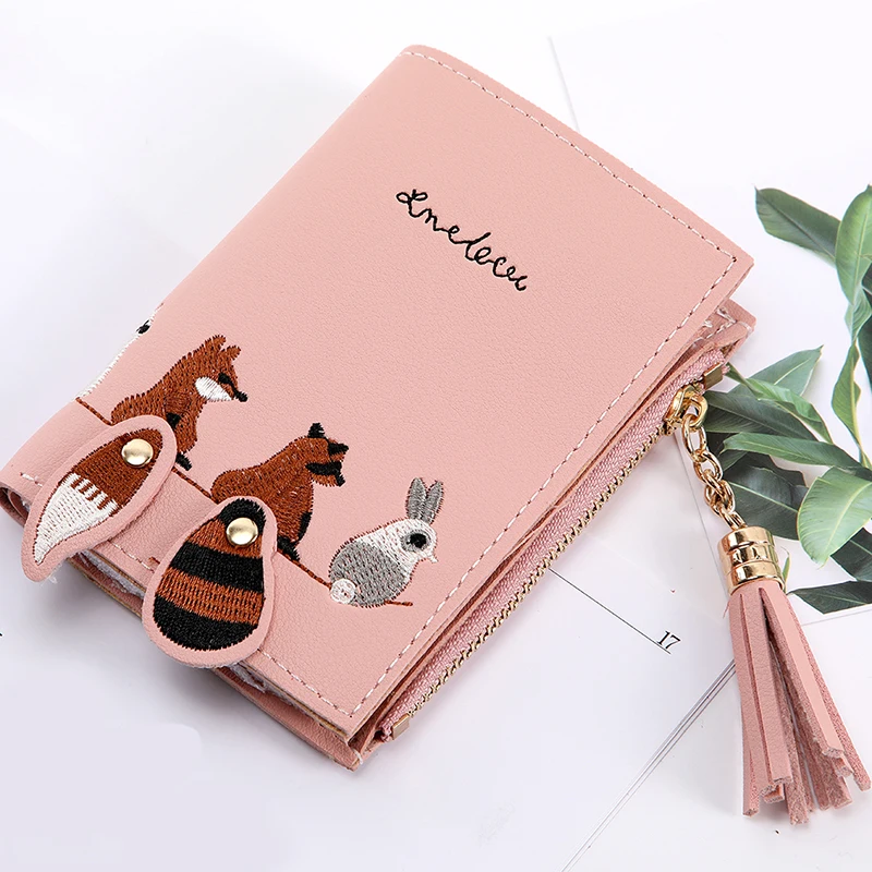 Small Fresh Ladies Embroidered Line Cute Cartoon Wallet Short Tassel Zipper 2 Fold Folding Card Package | Багаж и сумки