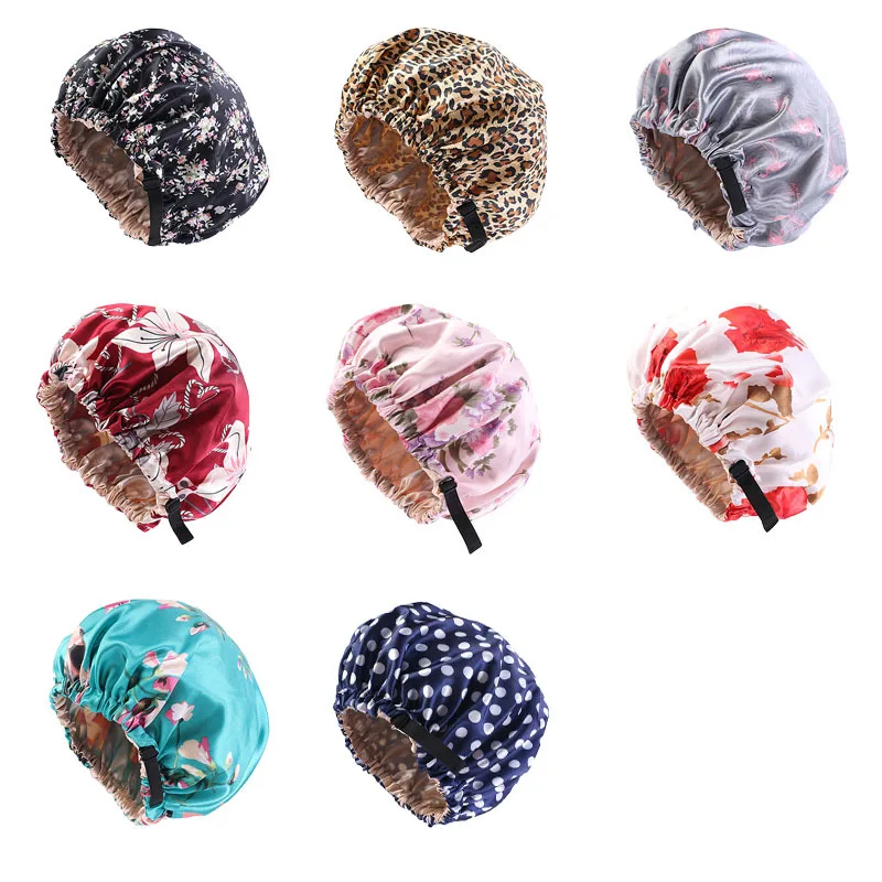 

New Floral Printing Double-layer Stain Night Sleep Cap with Invisible Flat Adjust Button Bonnet Head Cover Hair Accessories