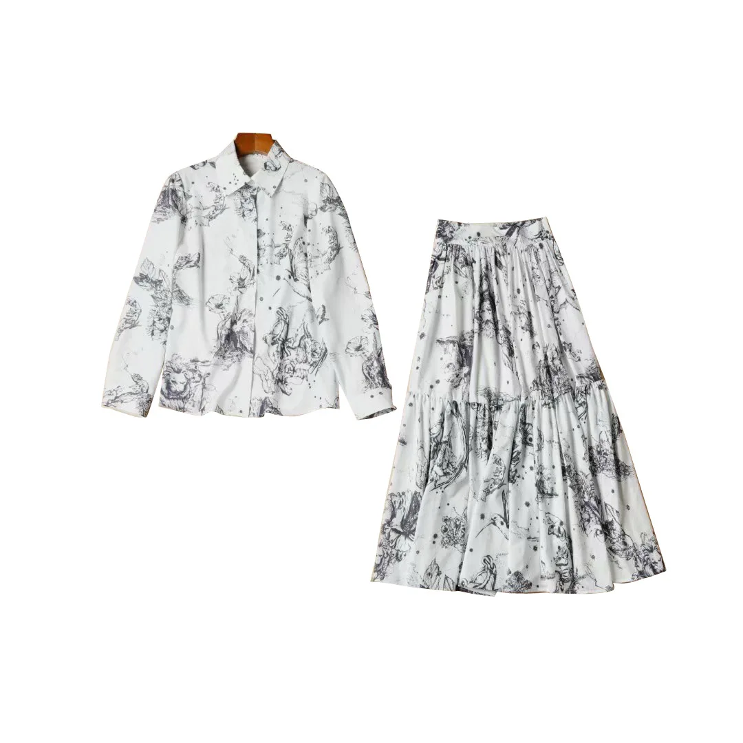 

european runway designers two piece set 2021 women vintage animal printed top+midi skirt set