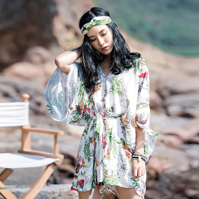 Holiday Summer Bohemian Women Dress 2020 New Plus size Chiffon Print Loose Batwing Sleeve Casual V-Neck Dresses Female YR110 es | Женская