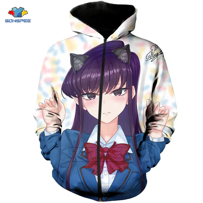 

SONSPEE 3D Print Black Friday Men Women Zipper Hoodie Casual Hip Hop Streetwear Funny Girl Anime Komi-San Harajuku Loose Coat