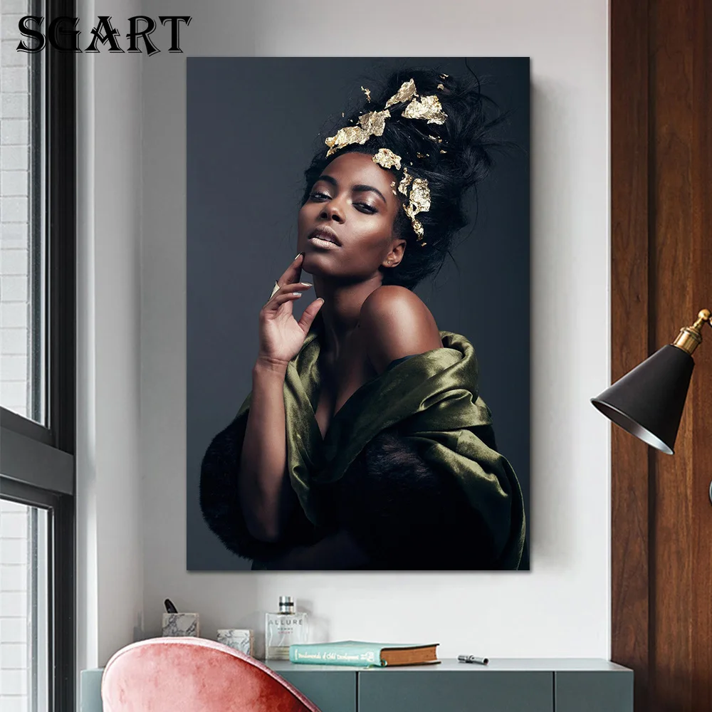 

African Gold And Black Woman Canvas Painting Nordic Women Posters And Prints Modern Wall Art Pictures For Living Room Decoration