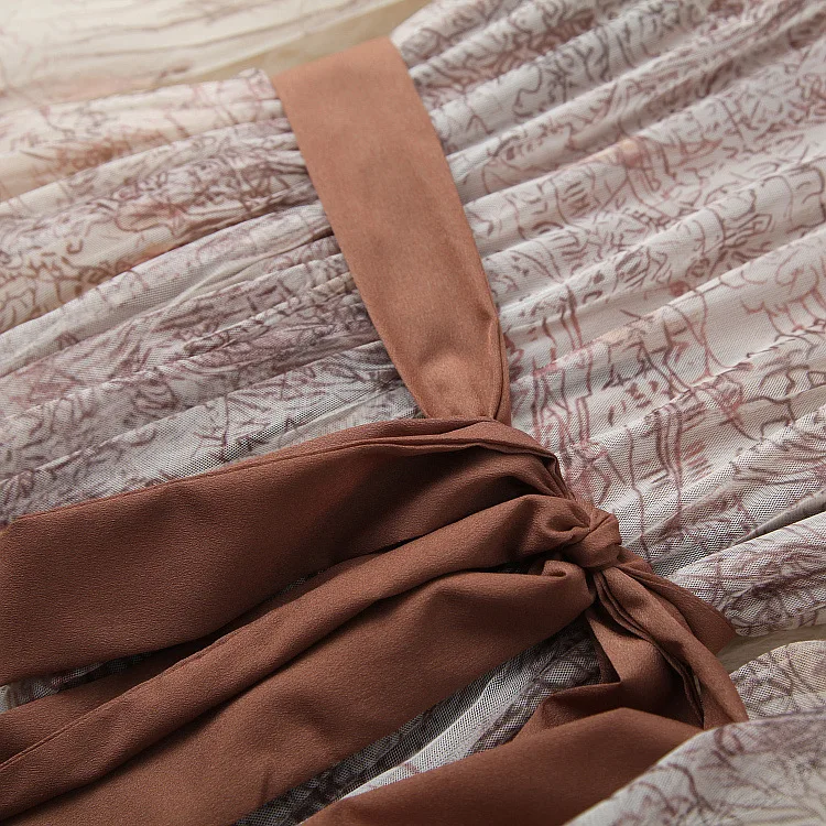 

High Quality High Street Dress Spring Women's New Gentle Wind Printed Waist Western-style Puff Skirt Mesh Temperament Dress