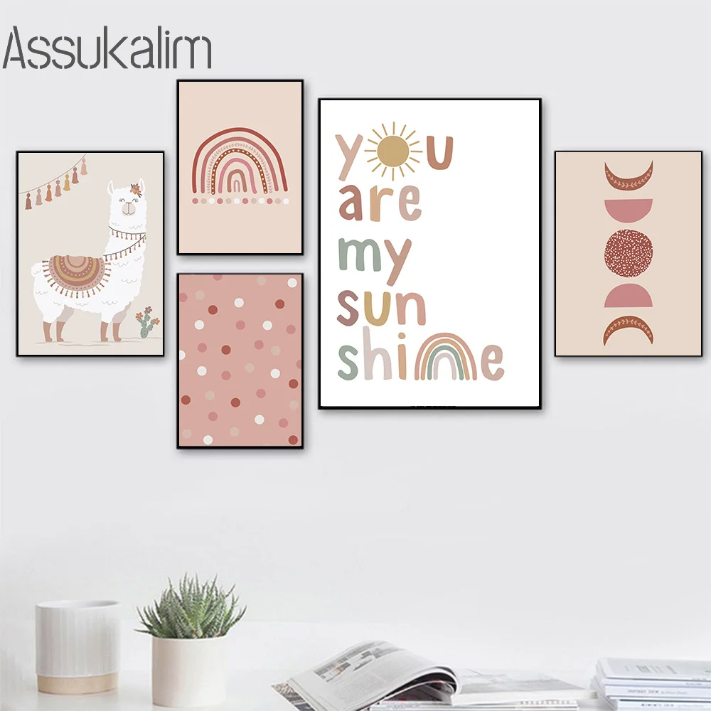 

Baby Canvas Painting Alpaca Poster Rainbow Print You Are My Sunshine Posters Boho Art Prints Nordic Wall Pictures Bedroom Decor