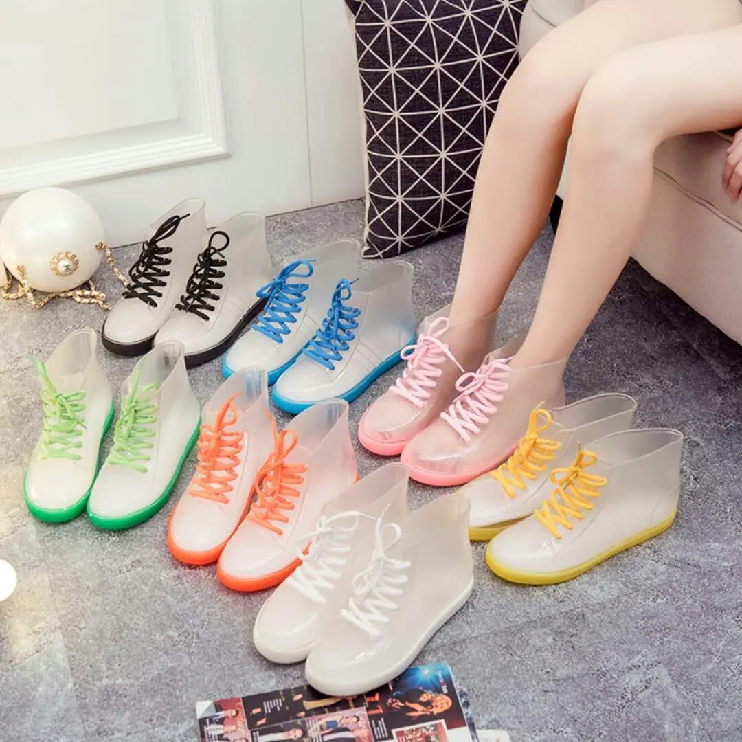 

PVC Fashion Women Transparent Rain Boots Rubber Lace Up Women Ankle Boots Waterproof Casual Comfort Ladies Boots Shoes