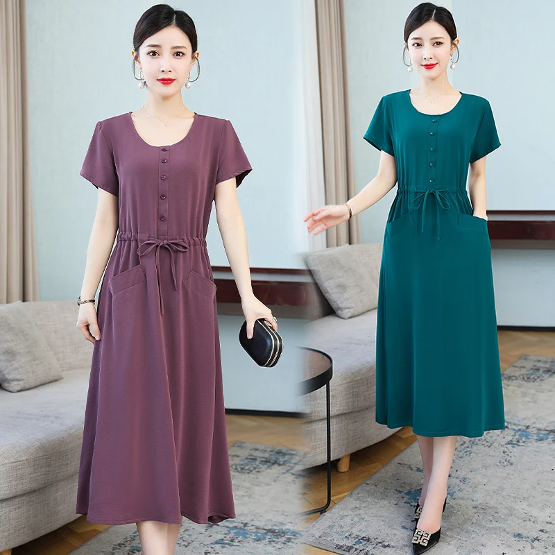 

2021 New Summer Short Sleeve Vintage Dress for Women High Quality Draw String O-Neck Solid Color Plus Size Woman Dress Red