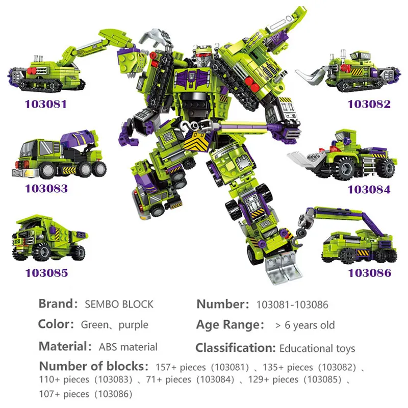 

SEMBO City Technic 6in1 Transformers Robot Excavator Trucks Series 3D Model Building Blocks Kit Mini Diamond Bricks Toys for Kid