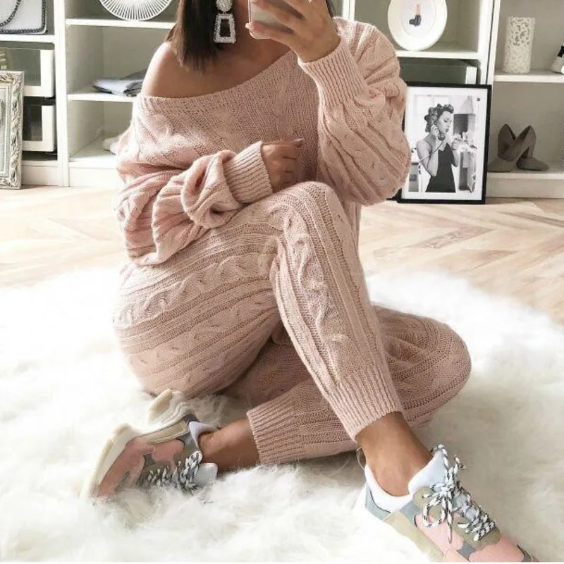 Skin pink Осенне-зимний вязаный теплый комплект из двух предметов для женщин, зимний топ с открытыми плечами и вырезом лодочкой и длинными рукавами, длинные штаны, повседневный наряд - Цвет: Skin pink