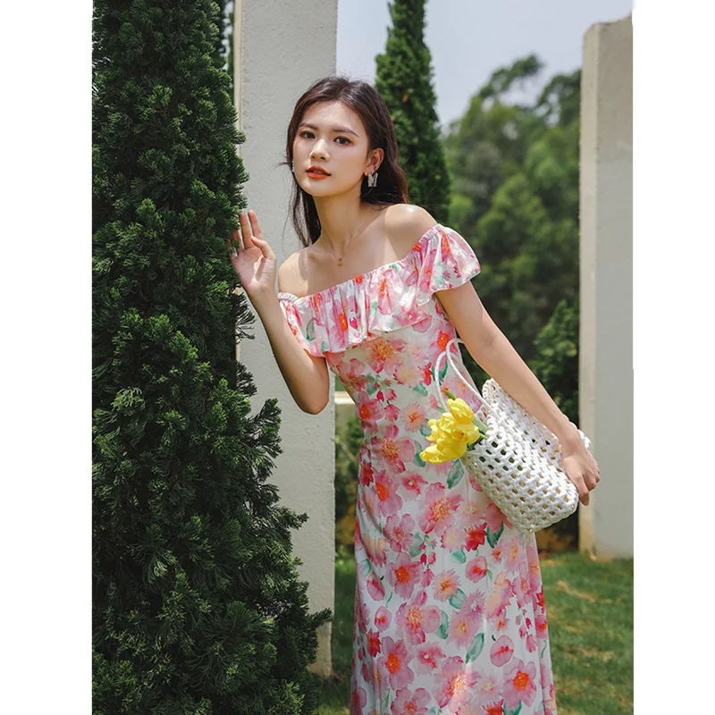 

French palace one-shoulder floral dress female spring and summer long retro A-line skirt