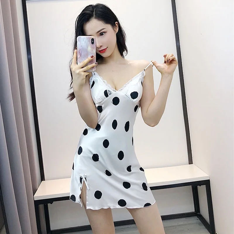 Женская ночная рубашка в горошек шелковое кружевное ночное белье лето 2019