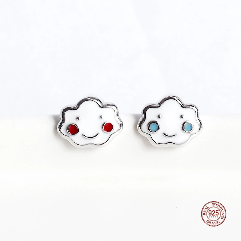 

LKO 925 Sterling Silver Cute Smiling Face White Clouds Stud Earring Chic Korean Style Jewelry for Women Daily Earrings Ornaments
