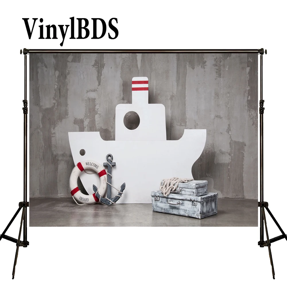 

VinylBDS Mottled Cement Wall Background Lifebuoy Anchor Suitcase Newborn Photo Photo Props for Kids White Steamship Backdrop