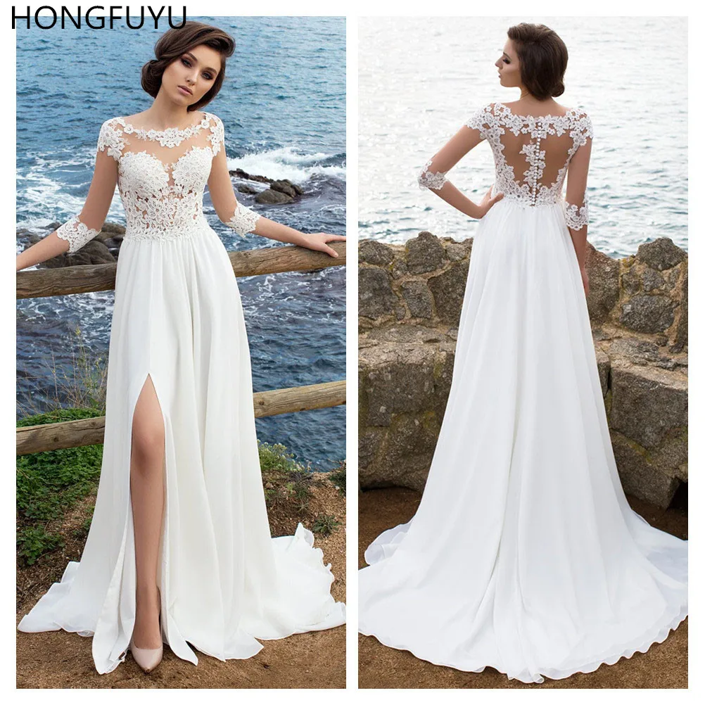 

Кружевное шифоновое платье-трапеция с круглым вырезом и рукавом 3/4