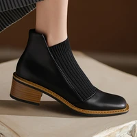new autumn and winter square toe womens short boots leather knitted thick high heels womens casual short boots warm shoes
