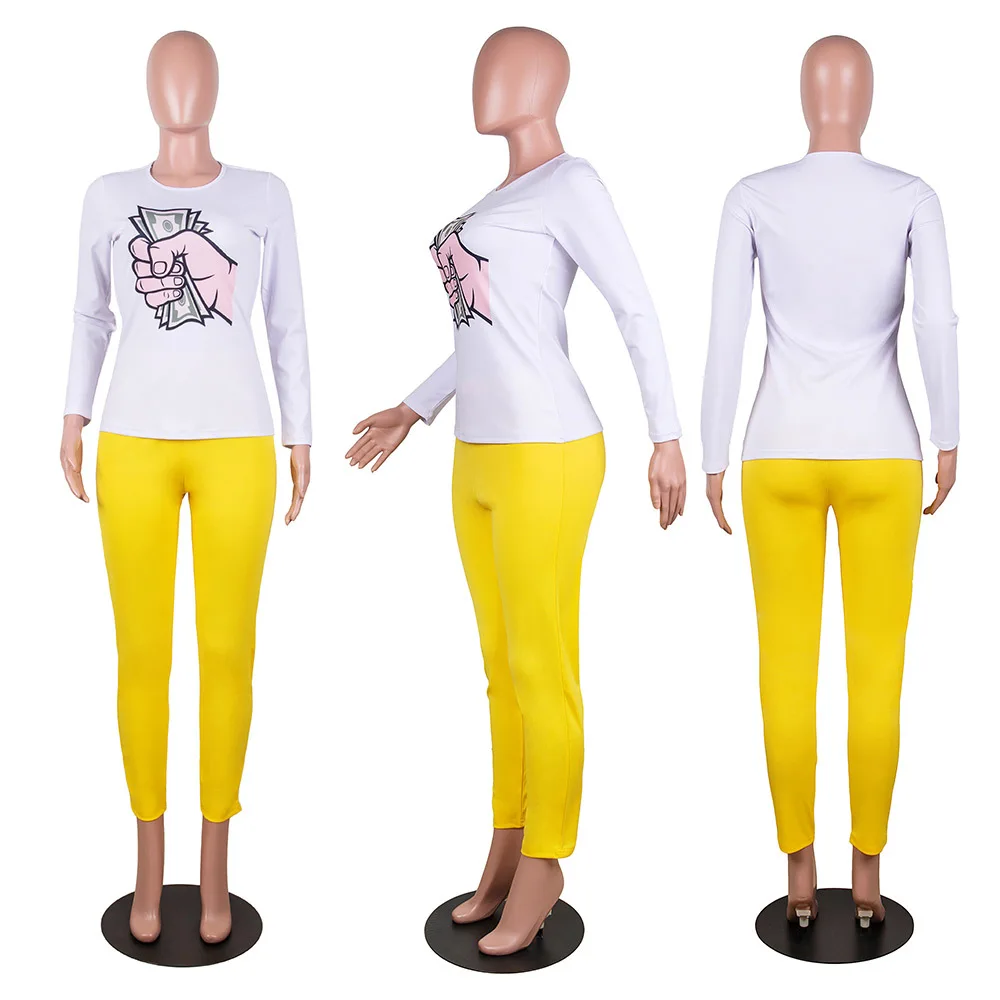 

HAOOHU Women lips fist print tracksuit long sleeve tee top pencil jogger sweatpant suit two piece set sport matching set outfit