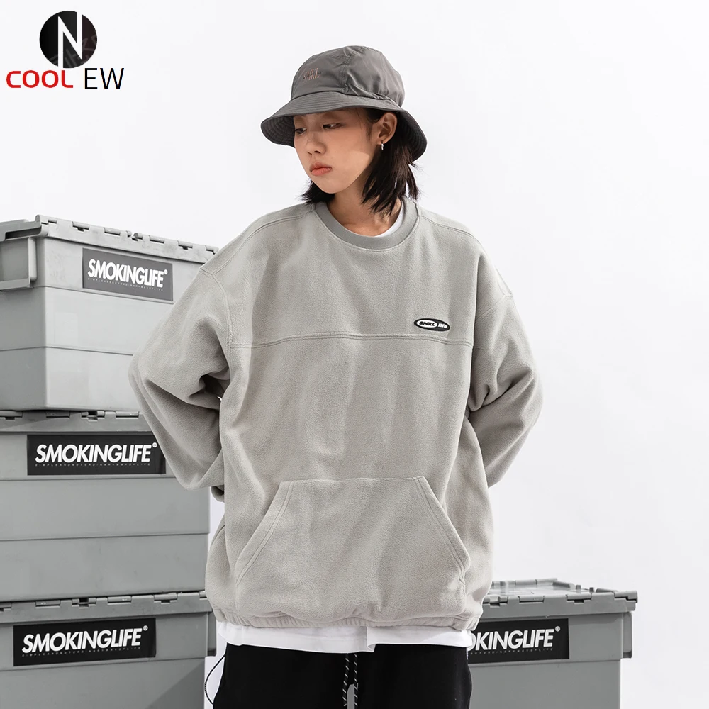 

Fleece Solid Color Sweatshirts Mens Autumn Simple Casual Loose Crew Neck Pullover Men
