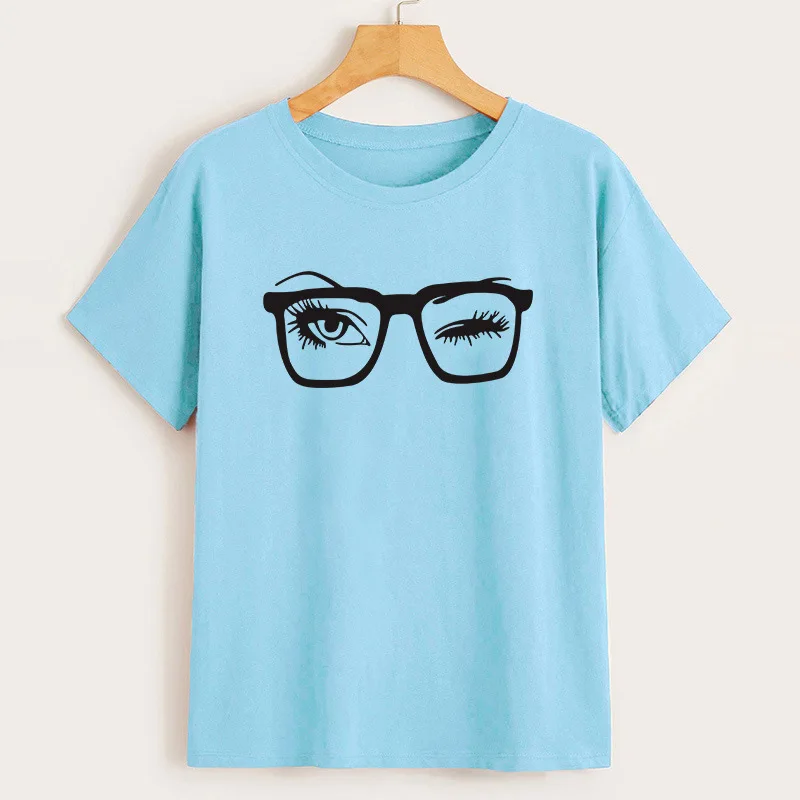 Лето 2019 новая хлопковая Футболка женская мигать с рисунком очков очки Широкий