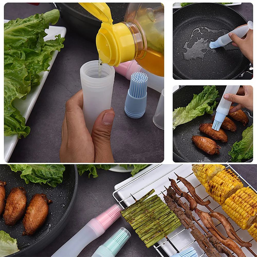 

3pcs Silicone Oil Bottle With Brush Cover Baking BBQ Basting Brush Pastry Oil Brush Kitchen Baking Honey Oil Barbecue Gadget