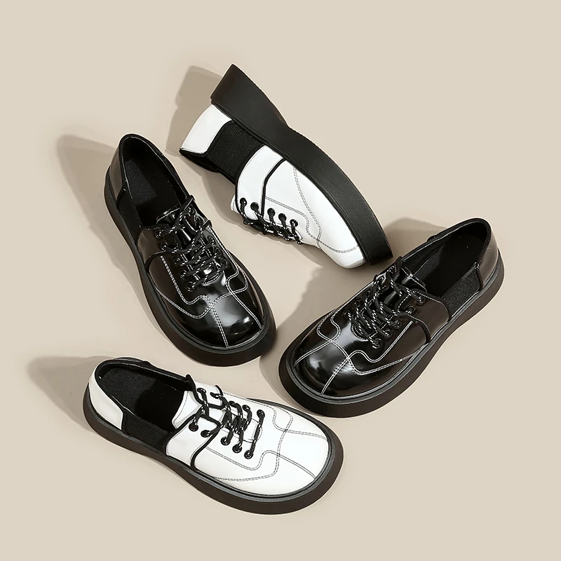 

White Sneakers Low Heels Womens Derby Shoes Clogs Platform Patent Leather Ballet Flats Female Footwear All-Match British Style R