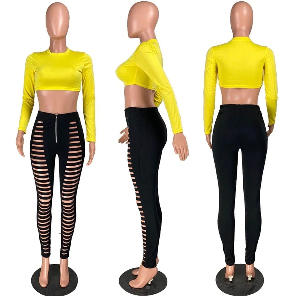 

Sexy Solid Bodycon 2 Piece Matching Sets Women Fashion Long Sleeve Skinny Crop Top and Zipper Hollow Out Pencil Pant Sweatsuit