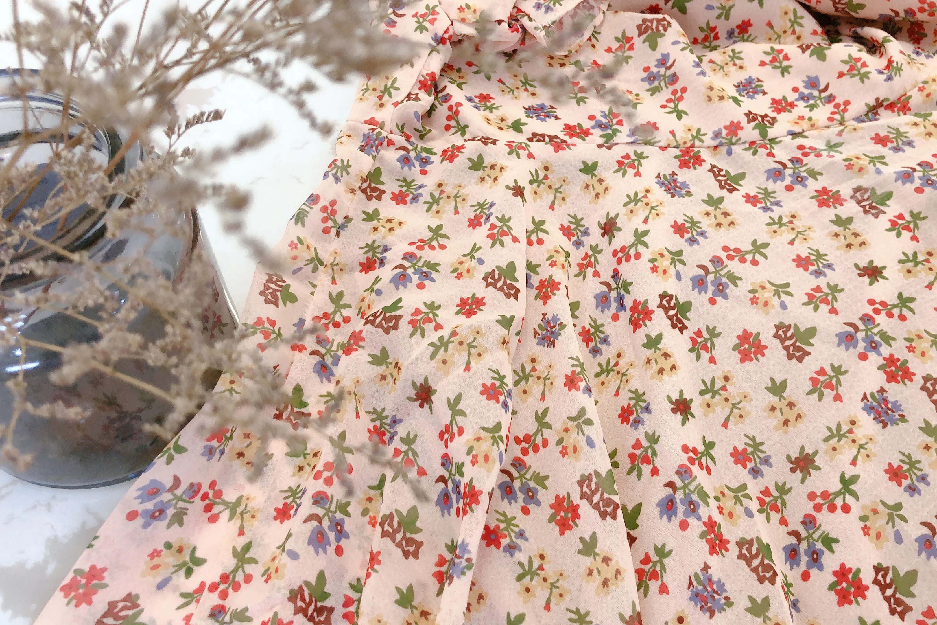 

woman Gentle first love fairy dress 2020 New fashion lace dress vintage o-neck short puff sleeve flower print chiffon dress