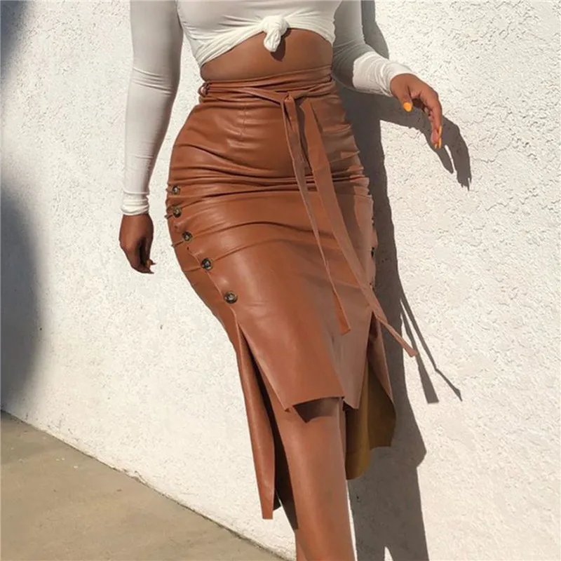 

Women Elegant High Waist Bandage Slit Pencil Skirts 2021 Faux Leather PU Female Midi Skirt with Belt Office Ladies Streetwear