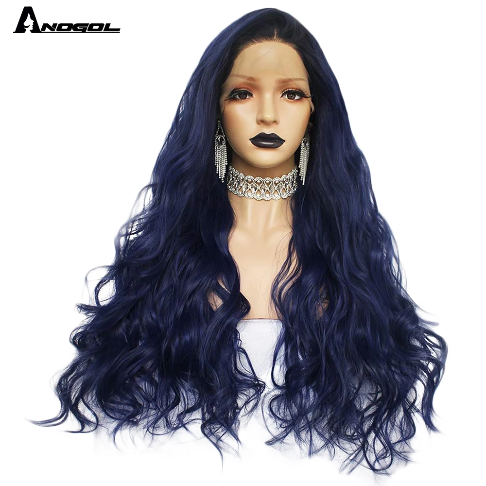 Anogol темные укорененные Ombre синие высокотемпературные бразильские волосы парик